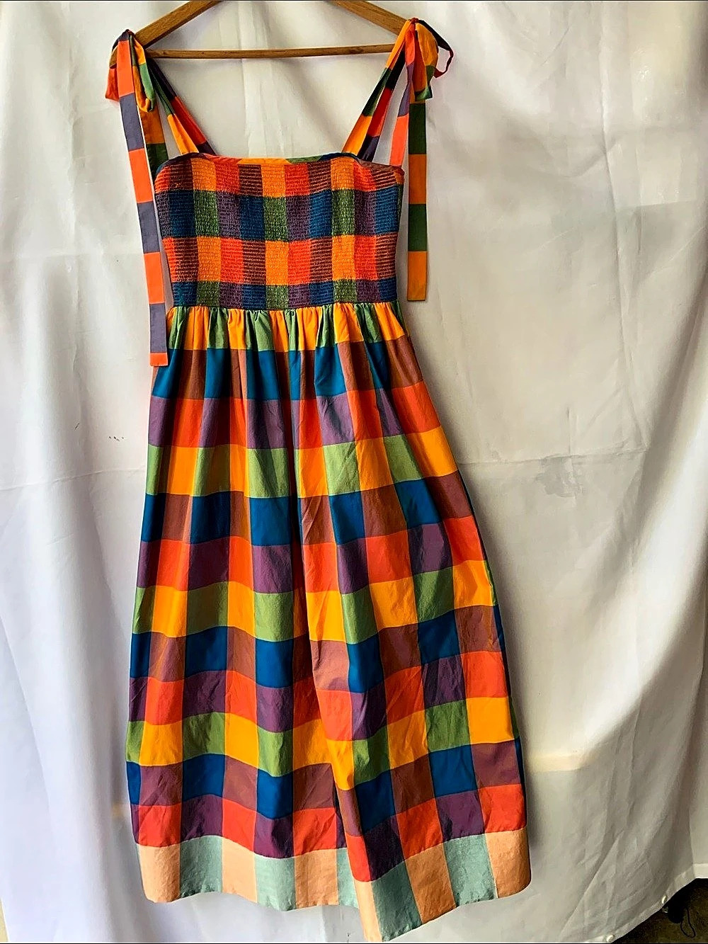 Payal Jain Design Smocked Bodice Rainbow Check Maxi Dress Boho Prairie